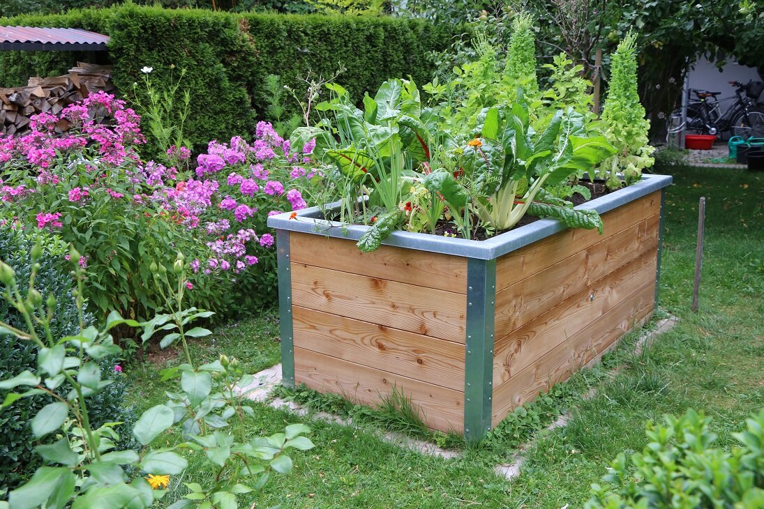Nachhaltige Gartenlösung mit Holzrahmen und Bepflanzung | © stock.adobe.com Blühendes Hochbeet mit dekorativen Blumen im Garten | © stock.adobe.com